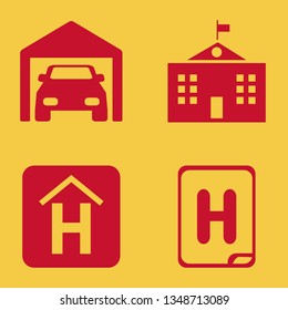 exterior icon set with hotel sign, private garage and university campus vector illustration