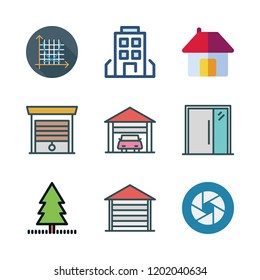 exterior icon set. vector set about entrance, shutter, garage and yard icons set.