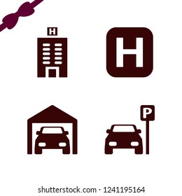 exterior icon. exterior vector icons set hotel building, hospital sign, parked car and private garage