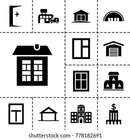 Exterior icons. set of 13 editable filled exterior icons such as home, barn, window, hospital building, hospital, building, bank, aid post