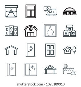 Exterior icons. set of 16 editable outline exterior icons such as home, aid post, garage, window, house and tree, hospital building, hospital, building