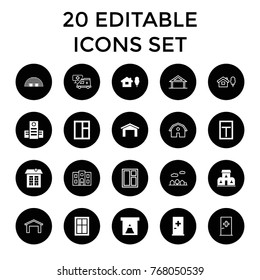 Exterior icons. set of 20 editable filled and outline exterior icons such as aid post, garage, window, house and tree, hospital, building, home, barn, hospital building