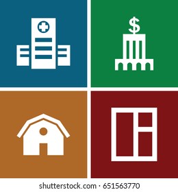 Exterior icons set. set of 4 exterior filled icons such as barn, window, hospital