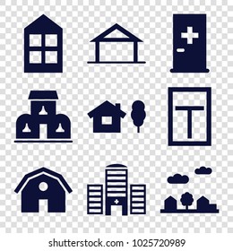 Exterior icons. set of 9 editable filled exterior icons such as home, aid post, barn, window, house and tree, city landscape, building