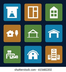 Exterior icons set. set of 9 exterior filled icons such as home, barn, garage, window, hospital