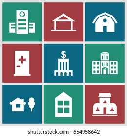 Exterior icons set. set of 9 exterior filled icons such as home, aid post, barn, window, hospital, hospital building, building, bank