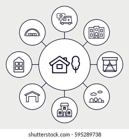 exterior icons set. Set of 9 exterior outline icons such as garage, barn, window, hospital building, hospital, city landscape, building