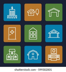 exterior icons set. Set of 9 exterior outline icons such as aid post, home, barn, garage, window, hospital, building, bank