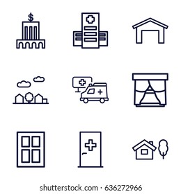 Exterior icons set. set of 9 exterior outline icons such as aid post, garage, window, hospital, city landscape, bank