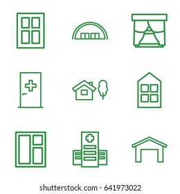 Exterior icons set. set of 9 exterior outline icons such as aid post, garage, barn, window, hospital