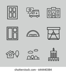 Exterior icons set. set of 9 exterior outline icons such as barn, window, hospital building, hospital, city landscape, bank
