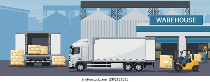 Exterior of industrial warehouse. Worker doing inventory of merchandise. Forklift loading boxes to a refrigerator truck. Cargo and shipping logistics. Industrial storage and distribution of products