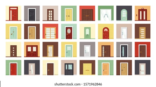 Exterior and interior doors flat vector illustrations set. Room, office doorway. Cartoon closed contemporary wooden doors isolated on white collection. Color house entrances modern design icons