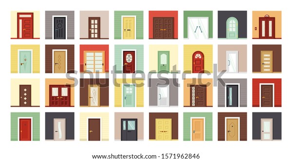 Exterior and interior doors flat vector
illustrations set. Room, office doorway. Cartoon closed
contemporary wooden doors isolated on white collection. Color house
entrances modern design
icons