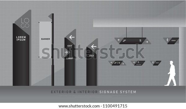 exterior and interior\
signage blue graphic. direction, pole, wall mount and traffic\
signage system design template set. empty space for logo, text,\
color corporate\
identity