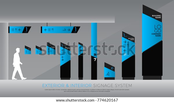 exterior and interior\
signage blue graphic. direction, pole, wall mount and traffic\
signage system design template set. empty space for logo, text,\
color corporate\
identity
