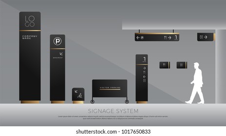 exterior and interior signage concept. direction, pole, wall mount and traffic signage system design template set. empty space for logo, text, black and gold corporate identity