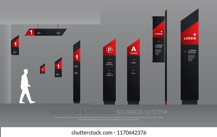 exterior and interior signage concept. direction, pole, wall mount and traffic signage system design template set. empty space for logo, text, black and red corporate identity