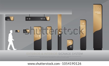 exterior and interior signage concept. direction, pole, wall mount and traffic signage system design template set. empty space for logo, text, black and gold corporate identity