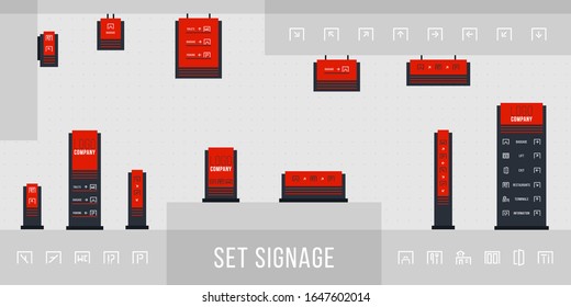 Exterior and interior signage concept. Office exterior monument sign, pylon sign. Set of signage vector.Direction,pole, wall mount and traffic signage system design template set. Vector illustration.