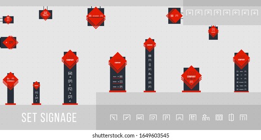 Exterior and interior signage concept. Office exterior monument sign, pylon sign. Set of signage vector.Direction,pole, wall mount and traffic signage system design template set. Vector illustration.