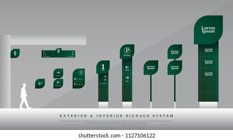 exterior and interior signage. directional, pole, and traffic signage system design template set. empty space for logo, text green color corporate identity