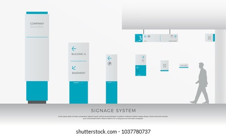exterior and interior signage system. direction, pole, wall mount and traffic signage system design template set. empty space for logo, text, white and blue corporate identity