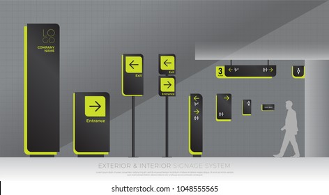 exterior and interior signage system. direction, pole, wall mount and traffic signage system design template set. empty space for logo, text, green and black color corporate identity