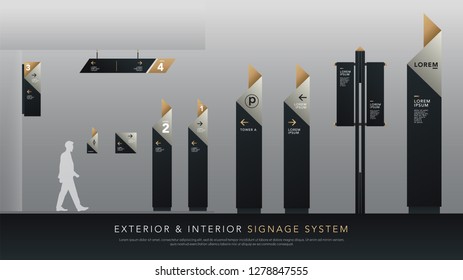 exterior and interior signage system. direction, pole, wall mount signboard and traffic signage design template set. empty space for logo, text, white and gold corporate identity