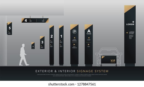 exterior and interior signage system. direction, pole, wall mount signboard and traffic signage design template set. empty space for logo, text, white and gold corporate identity