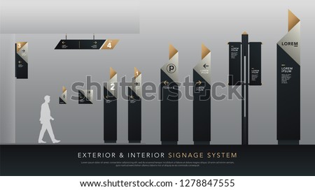 exterior and interior signage system. direction, pole, wall mount signboard and traffic signage design template set. empty space for logo, text, white and gold corporate identity