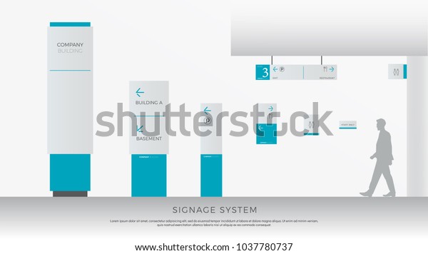 exterior and\
interior signage system. direction, pole, wall mount and traffic\
signage system design template set. empty space for logo, text,\
white and blue corporate\
identity