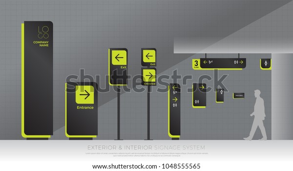 exterior\
and interior signage system. direction, pole, wall mount and\
traffic signage system design template set. empty space for logo,\
text, green and black color corporate\
identity