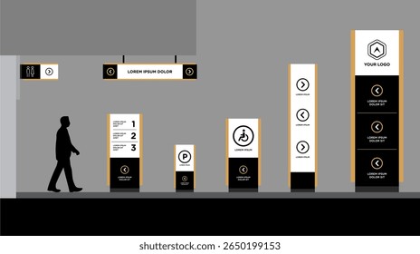 Identidade corporativa do conjunto de modelos de sinalização exterior e interior
