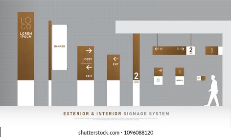 Holzkonzept für Außenbereiche und Innenbereiche. Design-Vorlage für Richtung, Pol, Wandbefestigung und Verkehrssignatur-System. Leerraum für Logo, Text, schwarze und goldene Unternehmensidentität