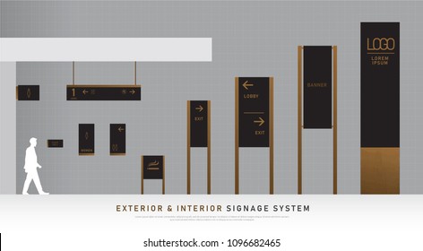 exterior and interior signage wooden concept. direction, pole, wall mount and traffic signage system design template set. empty space for logo, text, black and wood corporate identity