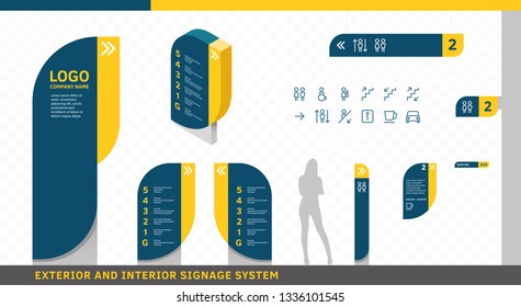 Exterior and Interior Wayfinding Signage System. Directional, Wall Mount, Door Signage Program Design Template with Navigation Icon Set.