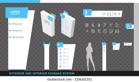 Exterior and Interior Wayfinding Signage System. Directional, Wall Mount, Door Signage Program Design Template with Navigation Icon Set