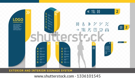 Exterior and Interior Wayfinding Signage System. Directional, Wall Mount, Door Signage Program Design Template with Navigation Icon Set.