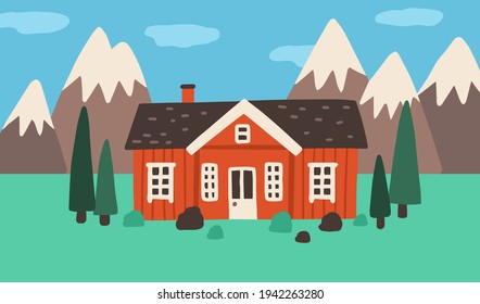 Exterior of little wooden village house in nature among trees and mountains. Countryside landscape with sweet nordic home. Colored flat vector illustration of rural building in Scandinavian style