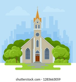 The exterior of a modern church. Small church summer landscape. Vector illustration for religion architecture design. Symbols of Catholicism, religious values