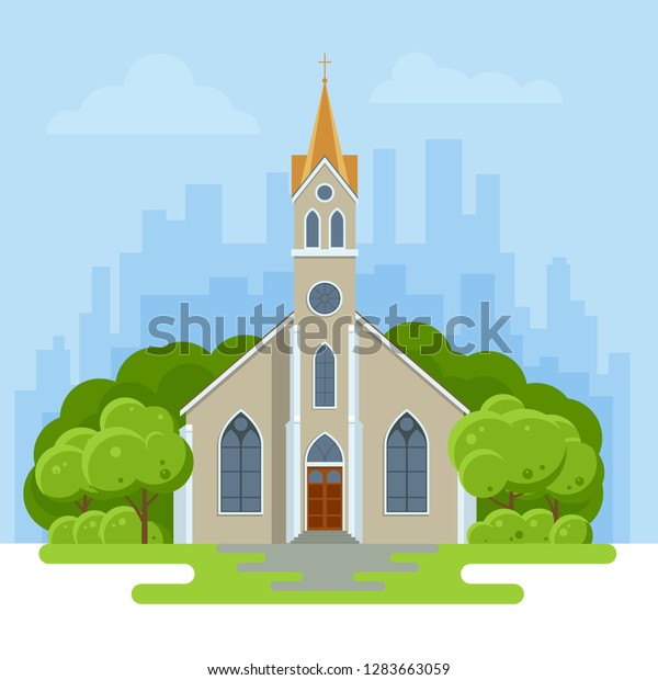 現代の教会の外観 小さな教会の夏の風景 宗教建築デザインのベクターイラスト カトリック教の象徴 宗教的価値観 のベクター画像素材 ロイヤリティフリー