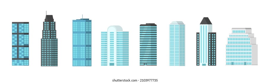 Exterior Of Modern City Buildings. Skyscrapers Urban Structure With House Facade. Residential And Business Office Houses. Modern Flat Isolated On White Background. Metropolis. Vector Illustration.