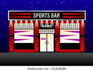 Exterior Modern Design Sports Bar, View From The Facade Of The Building. Vector Illustration