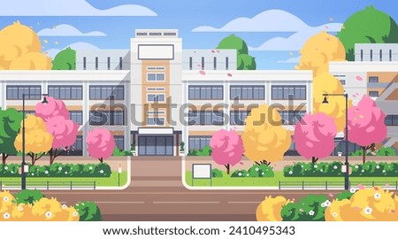 Exterior of modern elementary or high school. Cartoon educational building facade outdoor illustration