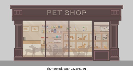 Exterior of modern pet shop with cages of animal, animal health care conceptual vector illustration.