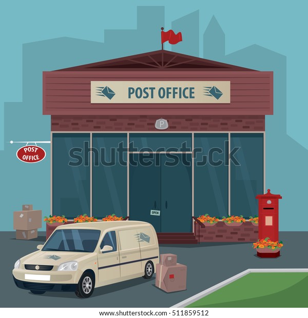 Exterior of\
modern post office. Near car of postal service, boxes, parcels and\
old red mailbox. Flat cartoon style. Express delivery mail concept.\
Cartoon style. Vector\
illustration
