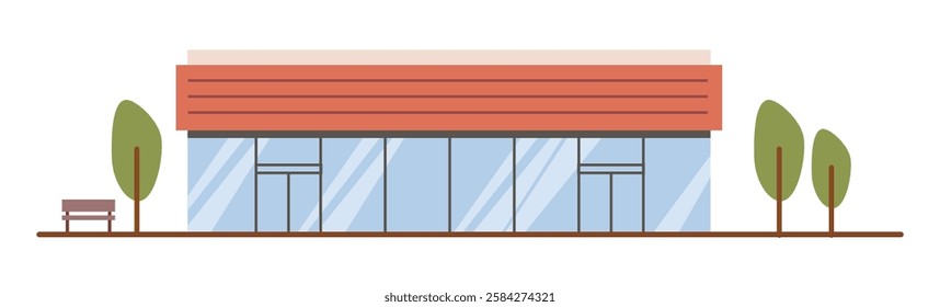 Exterior of modern supermarket, isolated shop with landscape design, trees and bench. Vector facade of shopping mall or center with panoramic windows and entrances for visitors and shoppers