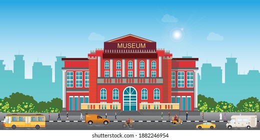 Exterior of museum building,City architecture public government building.Art museum of modern painting, landscape exterior building vector illustration.