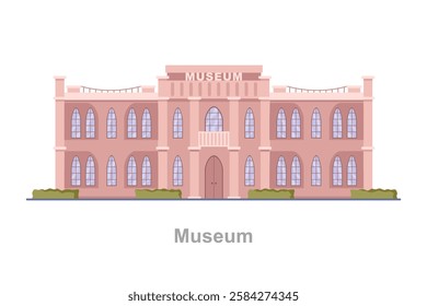 Exterior of museum, institution dedicated to displaying and preserving culturally significant objects. Vector flat cartoon style, isolated municipal building of city or town, facade front view